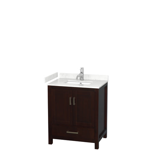 Wyndham Sheffield 30 Inch Single Bathroom Vanity in Espresso, Carrara Cultured Marble Countertop, Undermount Square Sink, No Mirror- Wyndham