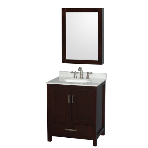 Wyndham Sheffield 30 Inch Single Bathroom Vanity in Espresso, White Carrara Marble Countertop, Undermount Oval Sink, and Medicine Cabinet- Wyndham