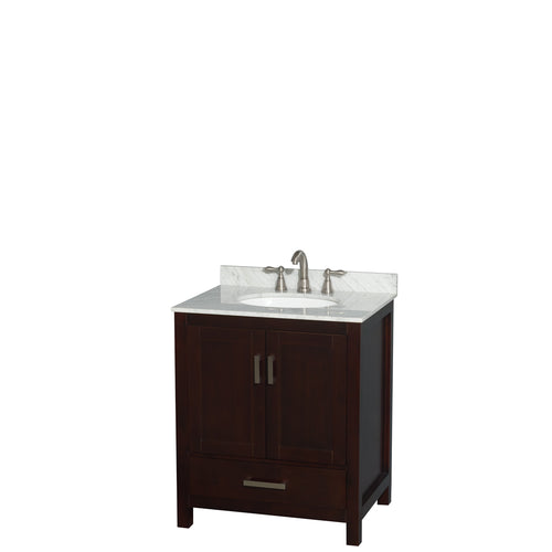 Wyndham Sheffield 30 Inch Single Bathroom Vanity in Espresso, White Carrara Marble Countertop, Undermount Oval Sink, and No Mirror- Wyndham