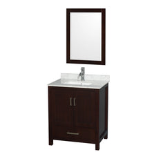 Load image into Gallery viewer, Wyndham Sheffield 30 Inch Single Bathroom Vanity in Espresso, White Carrara Marble Countertop, Undermount Square Sink, and 24 Inch Mirror- Wyndham