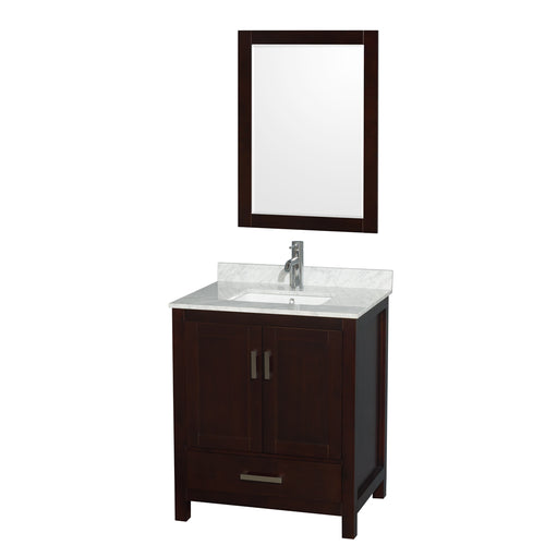 Wyndham Sheffield 30 Inch Single Bathroom Vanity in Espresso, White Carrara Marble Countertop, Undermount Square Sink, and 24 Inch Mirror- Wyndham