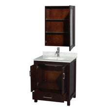 Load image into Gallery viewer, Wyndham Sheffield 30 Inch Single Bathroom Vanity in Espresso, White Carrara Marble Countertop, Undermount Square Sink, and Medicine Cabinet- Wyndham