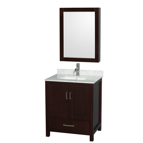 Wyndham Sheffield 30 Inch Single Bathroom Vanity in Espresso, White Carrara Marble Countertop, Undermount Square Sink, and Medicine Cabinet- Wyndham