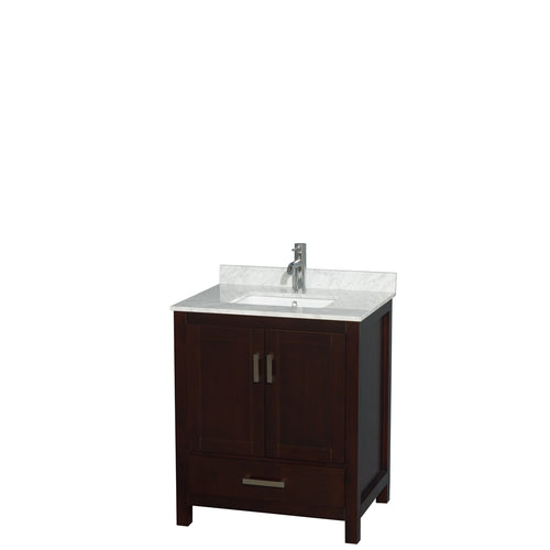 Wyndham Sheffield 30 Inch Single Bathroom Vanity in Espresso, White Carrara Marble Countertop, Undermount Square Sink, and No Mirror- Wyndham