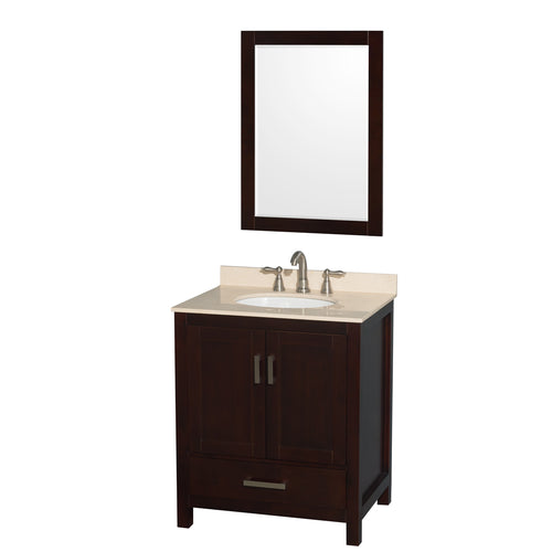 Wyndham Sheffield 30 Inch Single Bathroom Vanity in Espresso, Ivory Marble Countertop, Undermount Oval Sink, and 24 Inch Mirror- Wyndham
