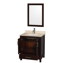 Load image into Gallery viewer, Wyndham Sheffield 30 Inch Single Bathroom Vanity in Espresso, Ivory Marble Countertop, Undermount Square Sink, and 24 Inch Mirror- Wyndham