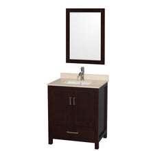 Load image into Gallery viewer, Wyndham Sheffield 30 Inch Single Bathroom Vanity in Espresso, Ivory Marble Countertop, Undermount Square Sink, and 24 Inch Mirror- Wyndham