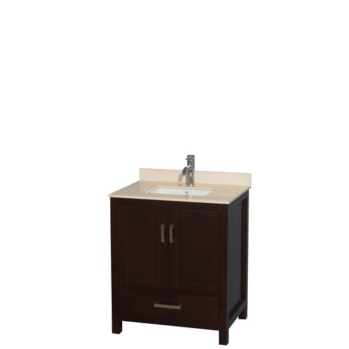 Wyndham Sheffield 30 Inch Single Bathroom Vanity in Espresso, Ivory Marble Countertop, Undermount Square Sink, and No Mirror- Wyndham