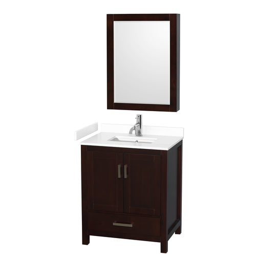Wyndham Sheffield 30 Inch Single Bathroom Vanity in Espresso, White Cultured Marble Countertop, Undermount Square Sink, Medicine Cabinet- Wyndham