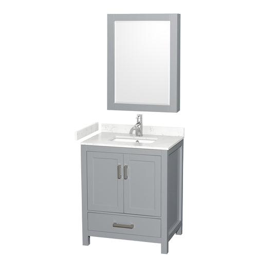 Wyndham Sheffield 30 Inch Single Bathroom Vanity in Gray, Carrara Cultured Marble Countertop, Undermount Square Sink, Medicine Cabinet- Wyndham