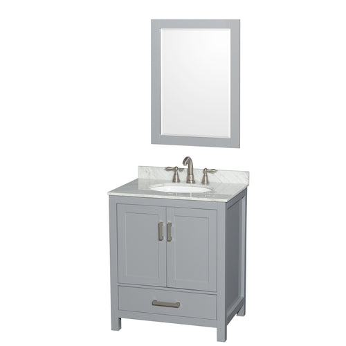 Wyndham Sheffield 30 Inch Single Bathroom Vanity in Gray, White Carrara Marble Countertop, Undermount Oval Sink, and 24 Inch Mirror- Wyndham