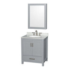 Load image into Gallery viewer, Wyndham Sheffield 30 Inch Single Bathroom Vanity in Gray, White Carrara Marble Countertop, Undermount Oval Sink, and Medicine Cabinet- Wyndham