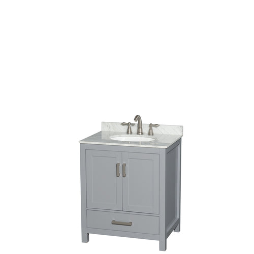 Wyndham Sheffield 30 Inch Single Bathroom Vanity in Gray, White Carrara Marble Countertop, Undermount Oval Sink, and No Mirror- Wyndham