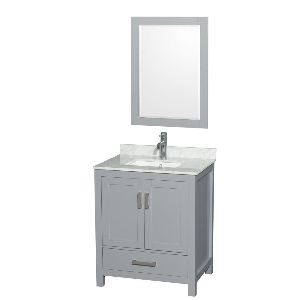 Wyndham Sheffield 30 Inch Single Bathroom Vanity in Gray, White Carrara Marble Countertop, Undermount Square Sink, and 24 Inch Mirror- Wyndham