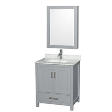 Load image into Gallery viewer, Wyndham Sheffield 30 Inch Single Bathroom Vanity in Gray, White Carrara Marble Countertop, Undermount Square Sink, and Medicine Cabinet- Wyndham