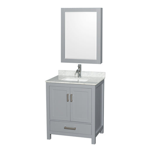 Wyndham Sheffield 30 Inch Single Bathroom Vanity in Gray, White Carrara Marble Countertop, Undermount Square Sink, and Medicine Cabinet- Wyndham