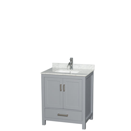 Wyndham Sheffield 30 Inch Single Bathroom Vanity in Gray, White Carrara Marble Countertop, Undermount Square Sink, and No Mirror- Wyndham