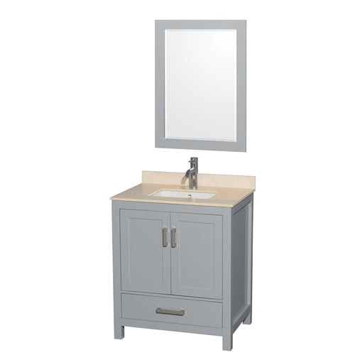 Wyndham Sheffield 30 Inch Single Bathroom Vanity in Gray, Ivory Marble Countertop, Undermount Square Sink, and 24 Inch Mirror- Wyndham