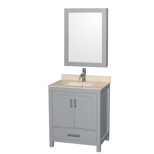Wyndham Sheffield 30 Inch Single Bathroom Vanity in Gray, Ivory Marble Countertop, Undermount Square Sink, and Medicine Cabinet- Wyndham