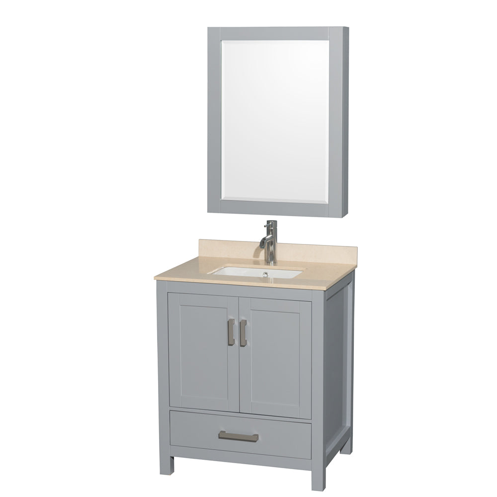 Wyndham Sheffield 30 Inch Single Bathroom Vanity in Gray, Ivory Marble Countertop, Undermount Square Sink, and Medicine Cabinet- Wyndham