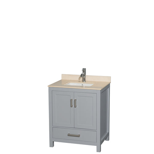 Wyndham Sheffield 30 Inch Single Bathroom Vanity in Gray, Ivory Marble Countertop, Undermount Square Sink, and No Mirror- Wyndham