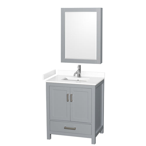 Wyndham Sheffield 30 Inch Single Bathroom Vanity in Gray, White Cultured Marble Countertop, Undermount Square Sink, Medicine Cabinet- Wyndham