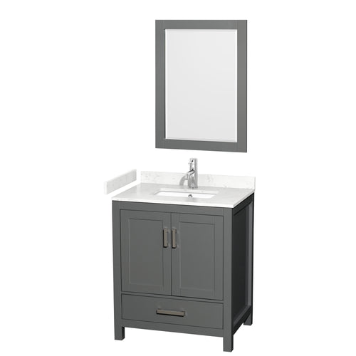 Wyndham Sheffield 30 Inch Single Bathroom Vanity in Dark Gray, Carrara Cultured Marble Countertop, Undermount Square Sink, 24 Inch Mirror- Wyndham
