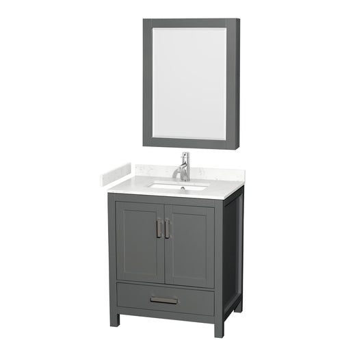 Wyndham Sheffield 30 Inch Single Bathroom Vanity in Dark Gray, Carrara Cultured Marble Countertop, Undermount Square Sink, Medicine Cabinet- Wyndham