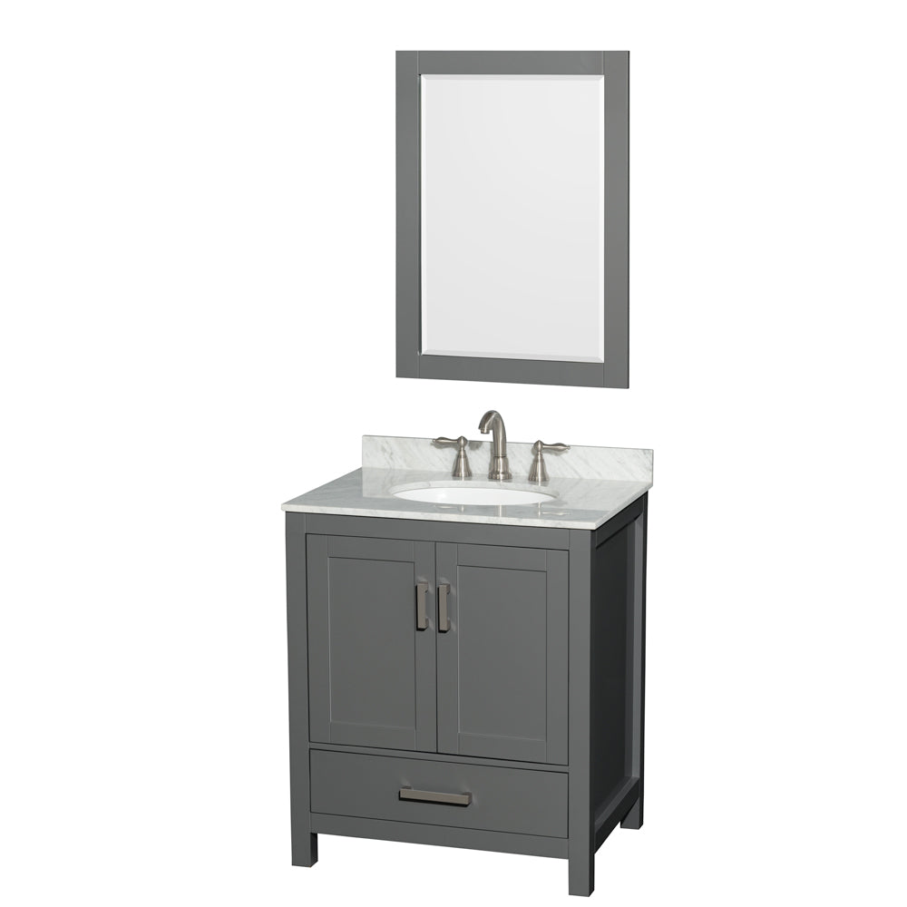 Wyndham Sheffield 30 Inch Single Bathroom Vanity in Dark Gray, White Carrara Marble Countertop, Undermount Oval Sink, and 24 Inch Mirror- Wyndham