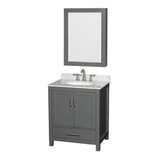 Load image into Gallery viewer, Wyndham Sheffield 30 Inch Single Bathroom Vanity in Dark Gray, White Carrara Marble Countertop, Undermount Oval Sink, and Medicine Cabinet- Wyndham