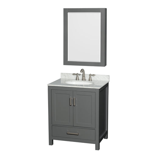 Wyndham Sheffield 30 Inch Single Bathroom Vanity in Dark Gray, White Carrara Marble Countertop, Undermount Oval Sink, and Medicine Cabinet- Wyndham