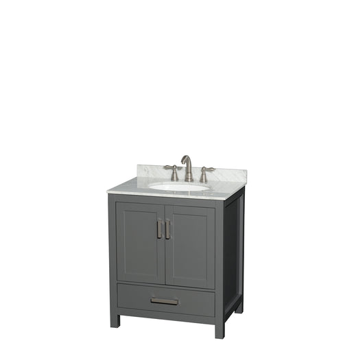 Wyndham Sheffield 30 Inch Single Bathroom Vanity in Dark Gray, White Carrara Marble Countertop, Undermount Oval Sink, and No Mirror- Wyndham