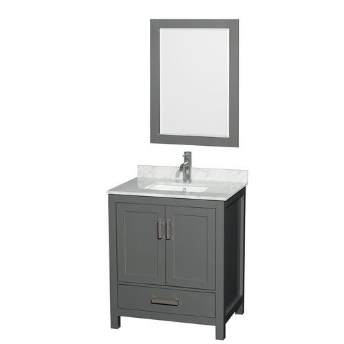 Wyndham Sheffield 30 Inch Single Bathroom Vanity in Dark Gray, White Carrara Marble Countertop, Undermount Square Sink, and 24 Inch Mirror- Wyndham
