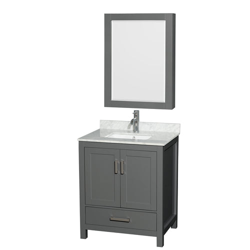 Wyndham Sheffield 30 Inch Single Bathroom Vanity in Dark Gray, White Carrara Marble Countertop, Undermount Square Sink, and Medicine Cabinet- Wyndham