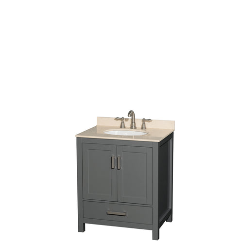 Wyndham Sheffield 30 Inch Single Bathroom Vanity in Dark Gray, Ivory Marble Countertop, Undermount Oval Sink, and No Mirror- Wyndham