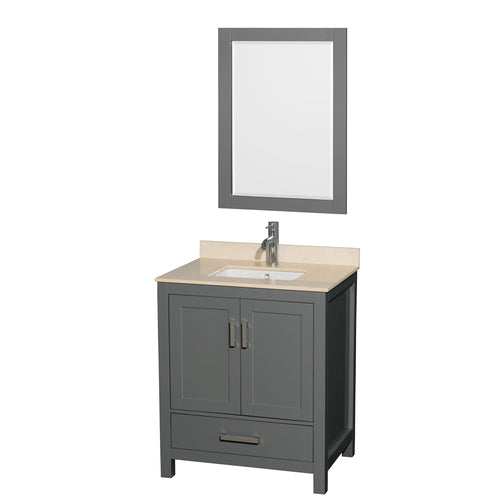 Wyndham Sheffield 30 Inch Single Bathroom Vanity in Dark Gray, Ivory Marble Countertop, Undermount Square Sink, and 24 Inch Mirror- Wyndham