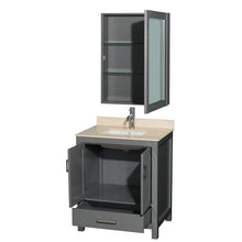 Load image into Gallery viewer, Wyndham Sheffield 30 Inch Single Bathroom Vanity in Dark Gray, Ivory Marble Countertop, Undermount Square Sink, and Medicine Cabinet- Wyndham