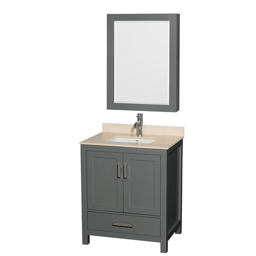 Wyndham Sheffield 30 Inch Single Bathroom Vanity in Dark Gray, Ivory Marble Countertop, Undermount Square Sink, and Medicine Cabinet- Wyndham