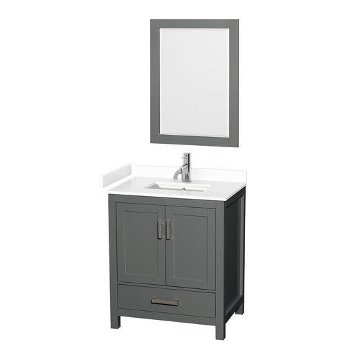 Wyndham Sheffield 30 Inch Single Bathroom Vanity in Dark Gray, White Cultured Marble Countertop, Undermount Square Sink, 24 Inch Mirror- Wyndham