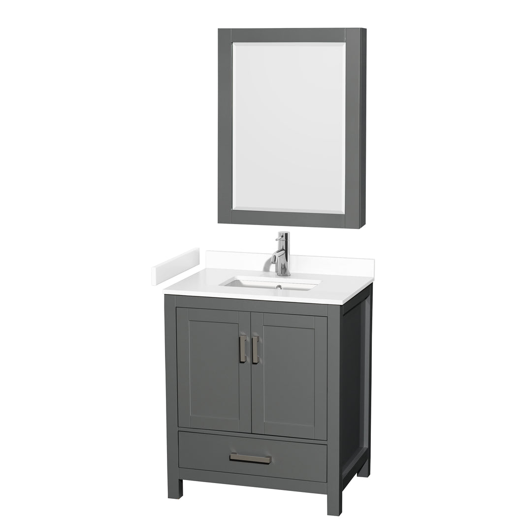 Wyndham Sheffield 30 Inch Single Bathroom Vanity in Dark Gray, White Cultured Marble Countertop, Undermount Square Sink, Medicine Cabinet- Wyndham