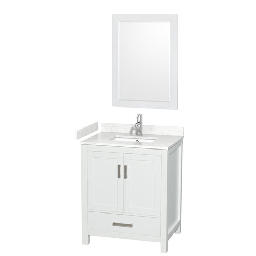Wyndham Sheffield 30 Inch Single Bathroom Vanity in White, Carrara Cultured Marble Countertop, Undermount Square Sink, 24 Inch Mirror- Wyndham