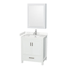 Load image into Gallery viewer, Wyndham Sheffield 30 Inch Single Bathroom Vanity in White, Carrara Cultured Marble Countertop, Undermount Square Sink, Medicine Cabinet- Wyndham