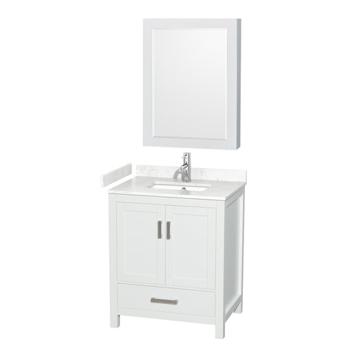 Wyndham Sheffield 30 Inch Single Bathroom Vanity in White, Carrara Cultured Marble Countertop, Undermount Square Sink, Medicine Cabinet- Wyndham