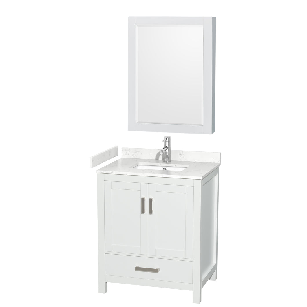 Wyndham Sheffield 30 Inch Single Bathroom Vanity in White, Carrara Cultured Marble Countertop, Undermount Square Sink, Medicine Cabinet- Wyndham