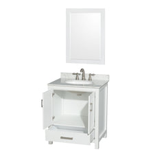 Load image into Gallery viewer, Wyndham Sheffield 30 Inch Single Bathroom Vanity in White, White Carrara Marble Countertop, Undermount Oval Sink, and 24 Inch Mirror- Wyndham