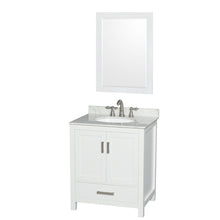 Load image into Gallery viewer, Wyndham Sheffield 30 Inch Single Bathroom Vanity in White, White Carrara Marble Countertop, Undermount Oval Sink, and 24 Inch Mirror- Wyndham