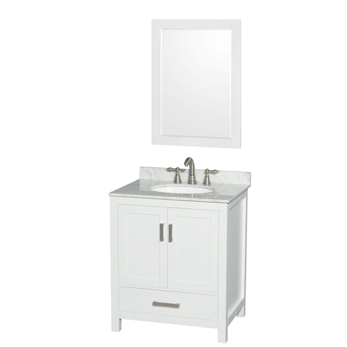 Wyndham Sheffield 30 Inch Single Bathroom Vanity in White, White Carrara Marble Countertop, Undermount Oval Sink, and 24 Inch Mirror- Wyndham