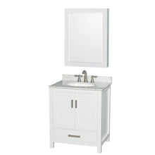 Load image into Gallery viewer, Wyndham Sheffield 30 Inch Single Bathroom Vanity in White, White Carrara Marble Countertop, Undermount Oval Sink, and Medicine Cabinet- Wyndham