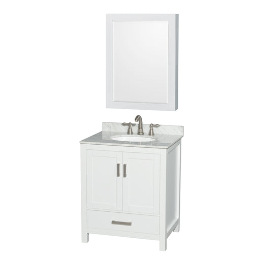 Wyndham Sheffield 30 Inch Single Bathroom Vanity in White, White Carrara Marble Countertop, Undermount Oval Sink, and Medicine Cabinet- Wyndham