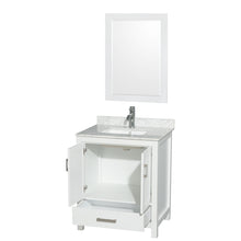 Load image into Gallery viewer, Wyndham Sheffield 30 Inch Single Bathroom Vanity in White, White Carrara Marble Countertop, Undermount Square Sink, and 24 Inch Mirror- Wyndham